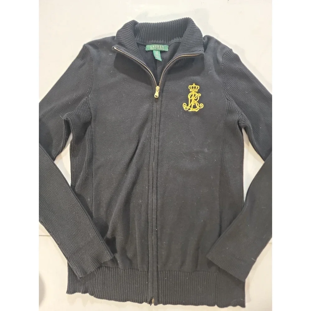 Lauren Ralph Lauren Full Zip Sweater Womens Large Black Gold Crest Crown‎ Mock